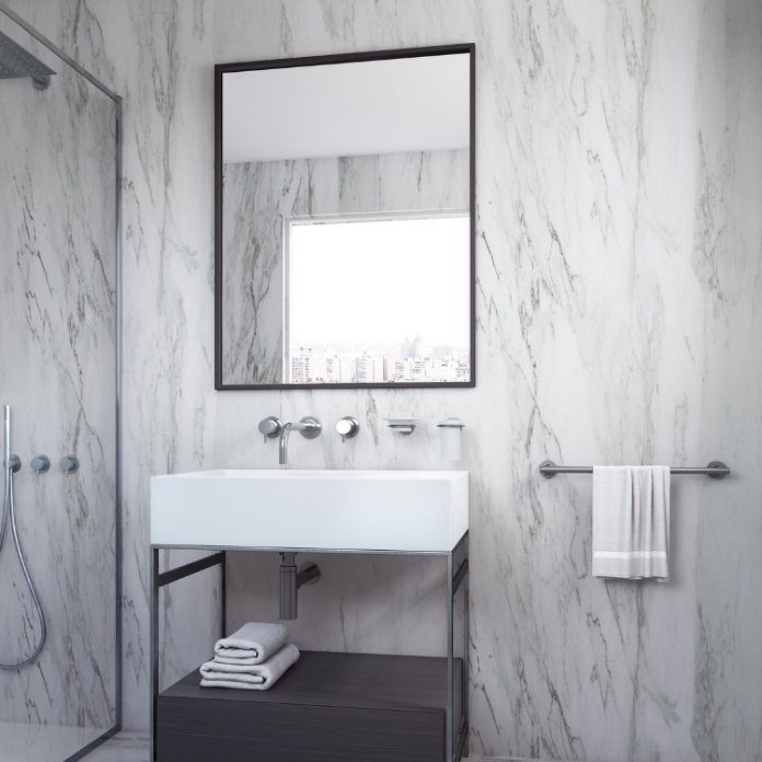 Product Lifestyle image of Origins Living Docklands Black Rectangular Mirror against a marble wall